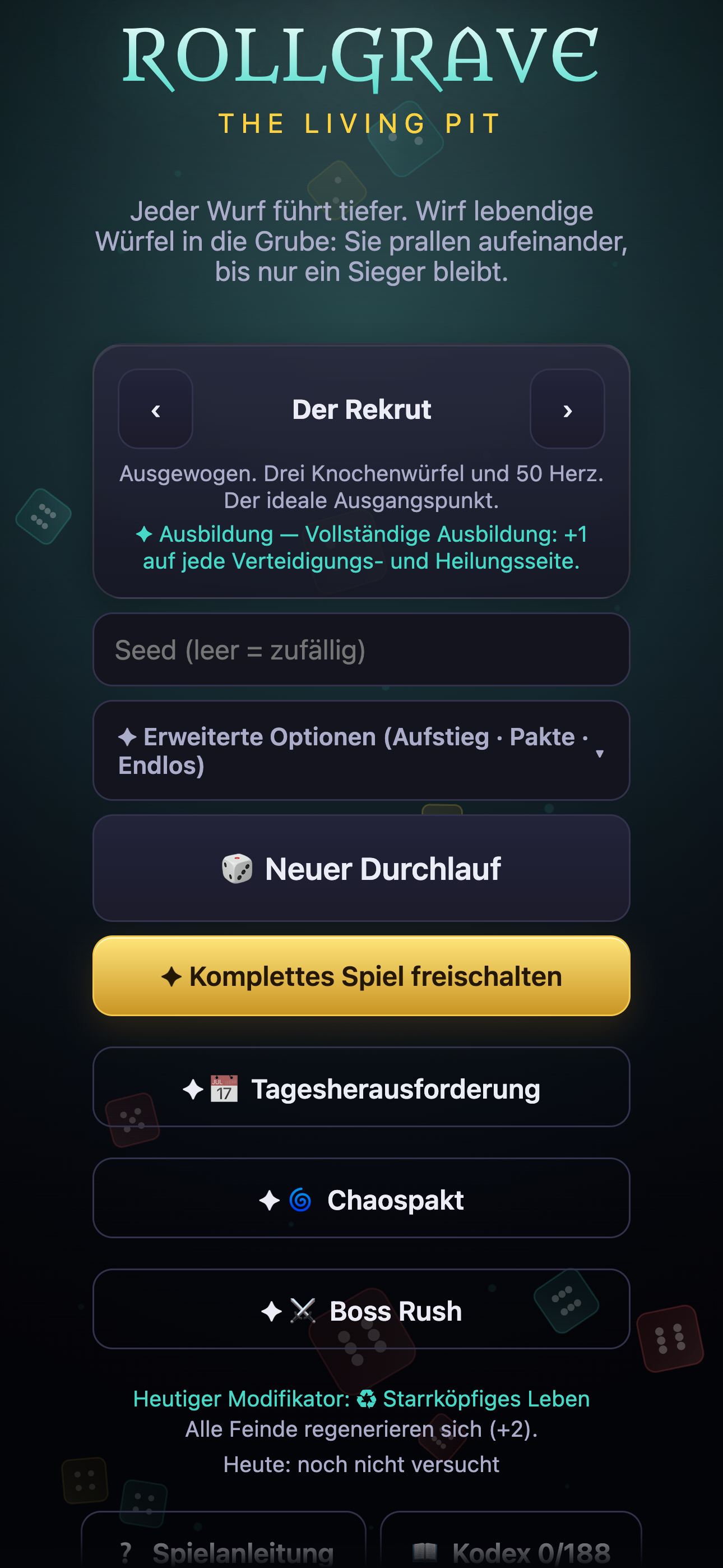 Auswahl des Rekruten und der Spielmodi in Rollgrave