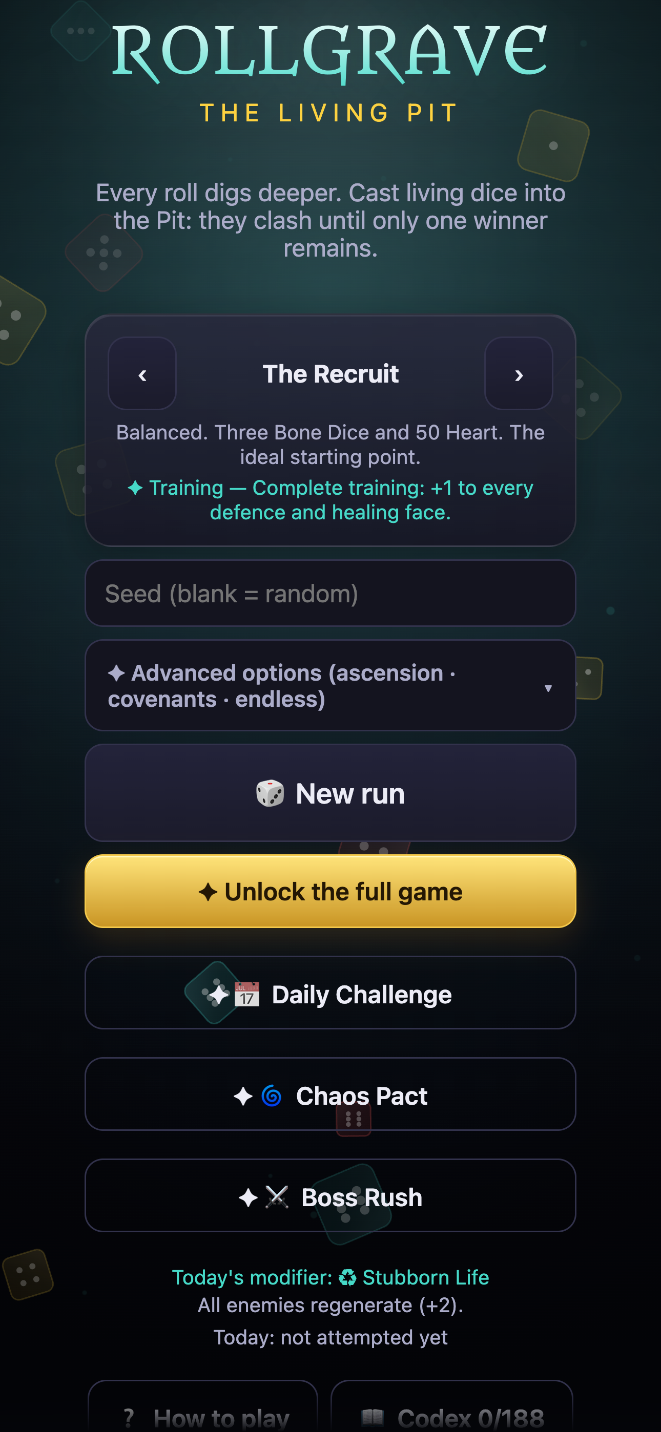 Rollgrave Recruit and game mode selection